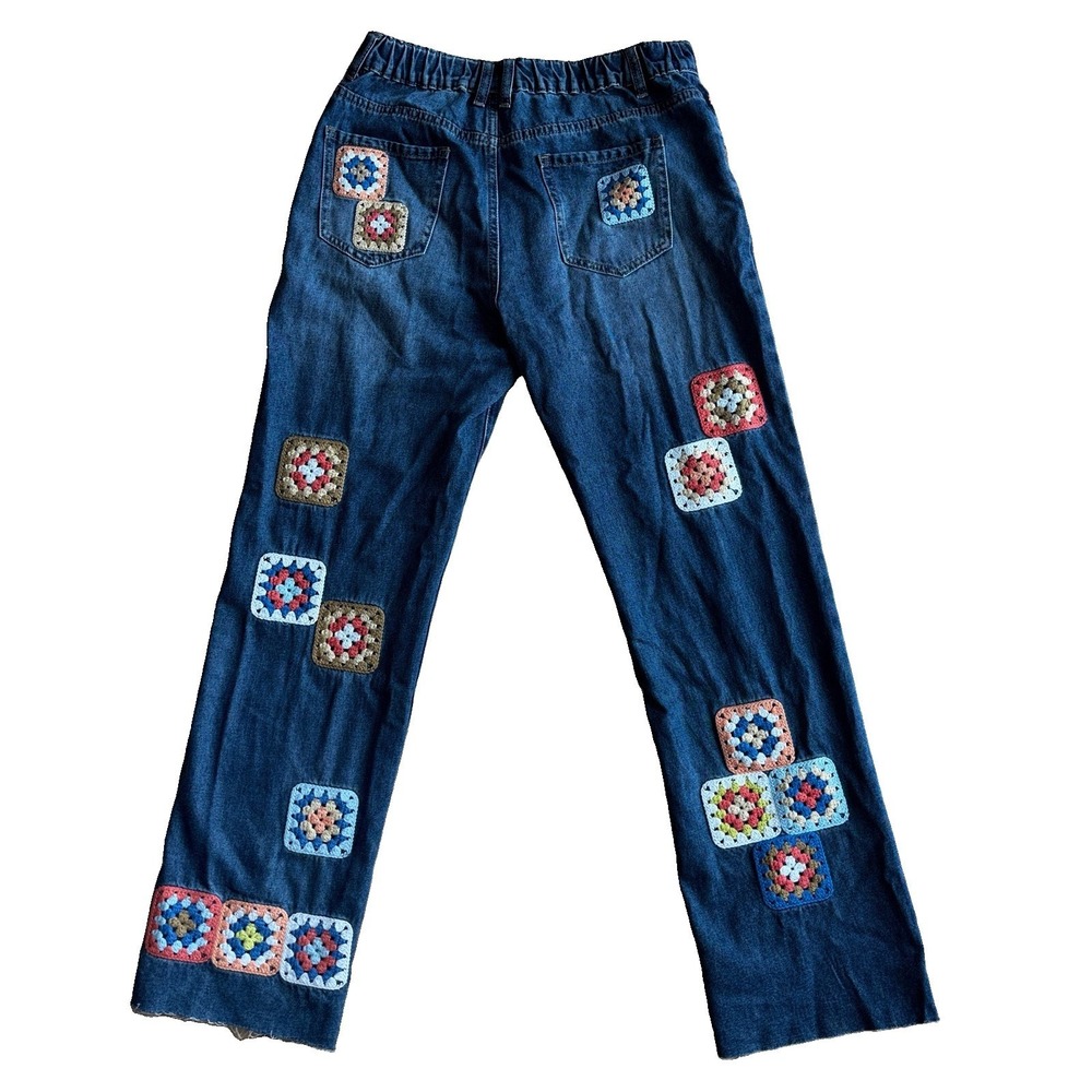 Oli & Hali Boho Crochet Multicolor Granny Square Patch Jeans Raw Hem Size Medium - Picture 4 of 11